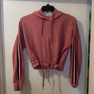 Trendy Pink Drawstring Hoodie with Striped Sleeves